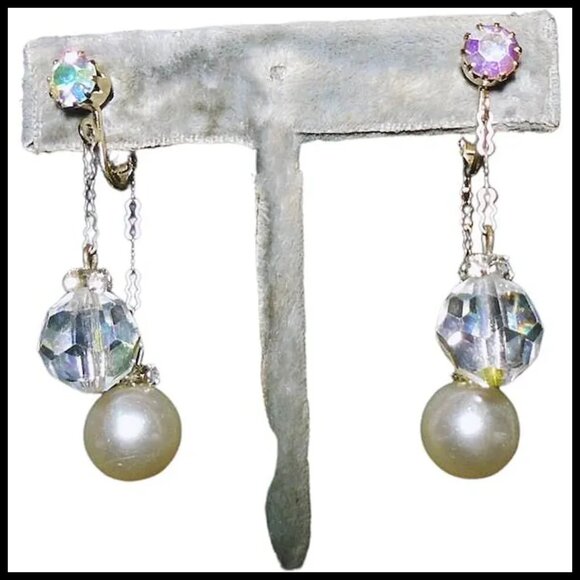 Formal Clip On Dangle Earrings UNIQUE Design Double Dangles Faux Pearl & Crystal - Picture 8 of 12